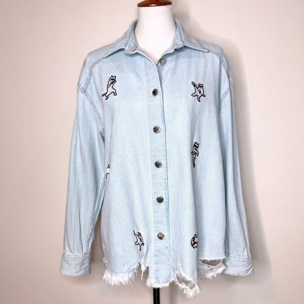 Embroidered Cat Women Denim Shirt SM (38) Lt Blue Distressed Cat Lover Shacket